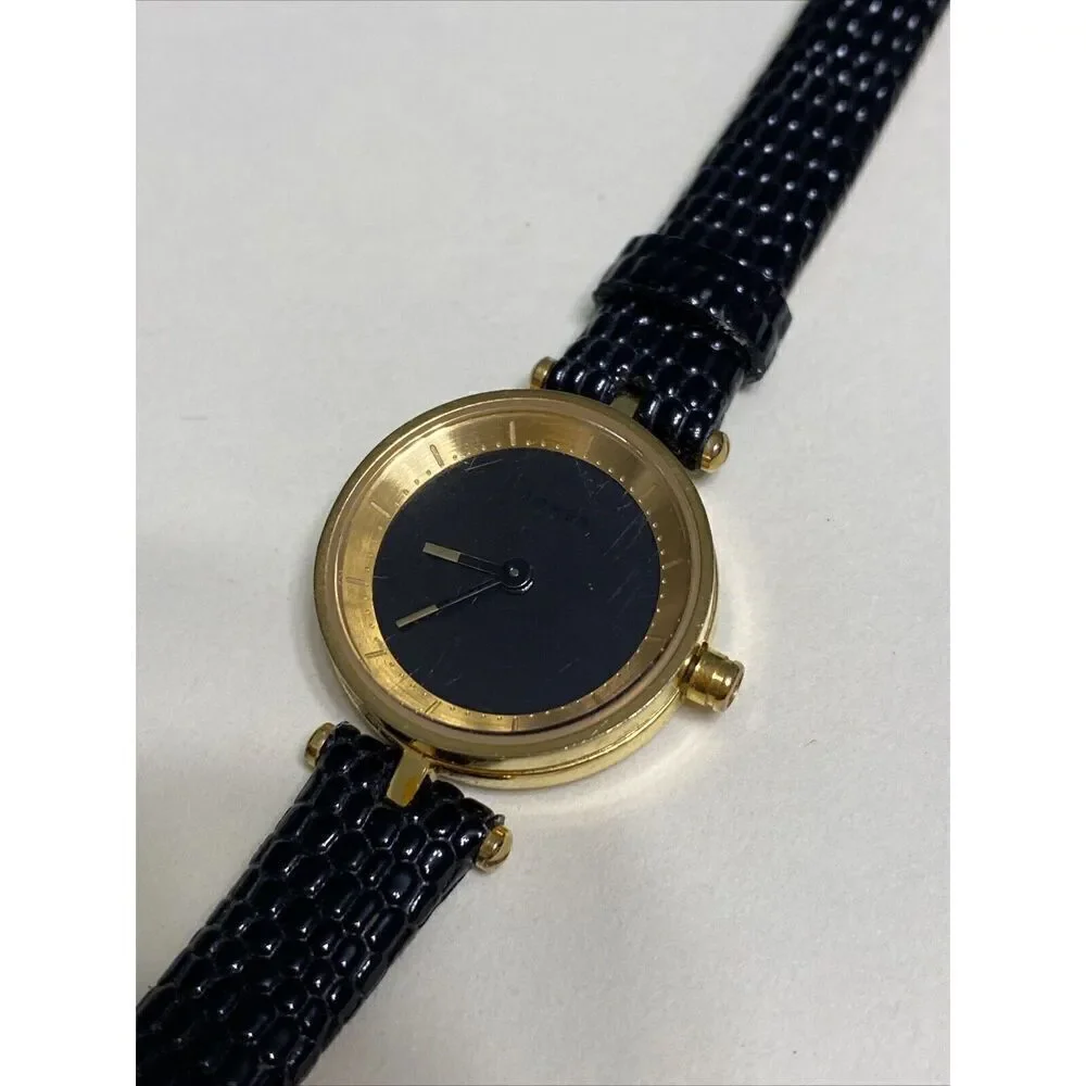 Ladies Domeni Black‎ & Gold Watch Pebbled Leather Band VX10 Movement